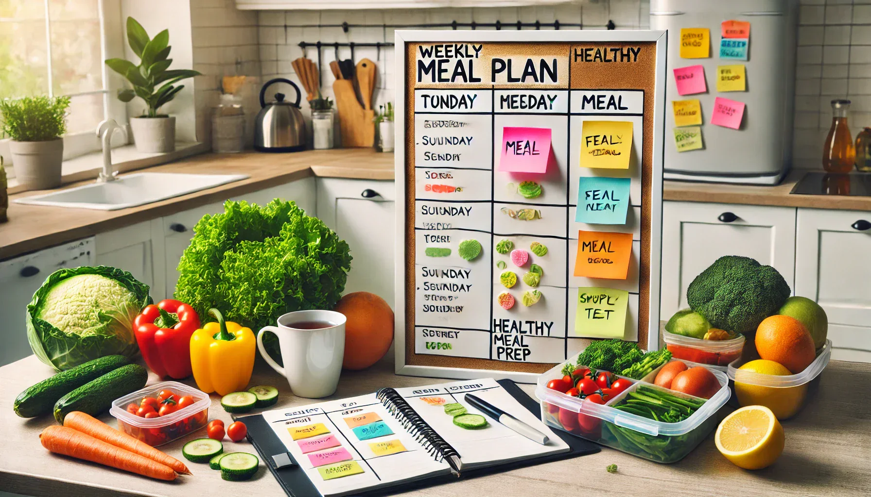 Organized kitchen workspace with labeled containers and a weekly meal planning board